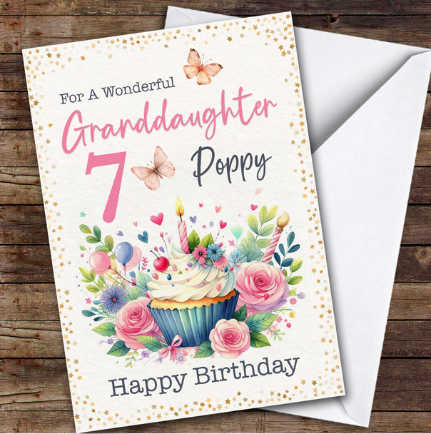 Granddaughter 7th Floral Cupcake Custom Personalised Birthday Card
