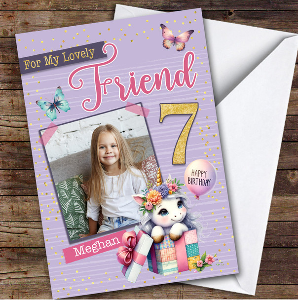 7th Friend Purple Unicorn Photo Custom Personalised Birthday Card