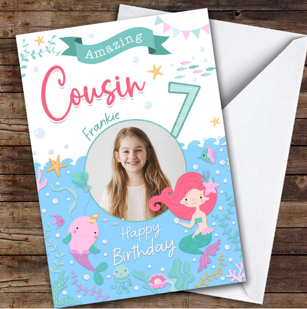 7th Cousin Mermaid Photo Custom Personalised Birthday Card