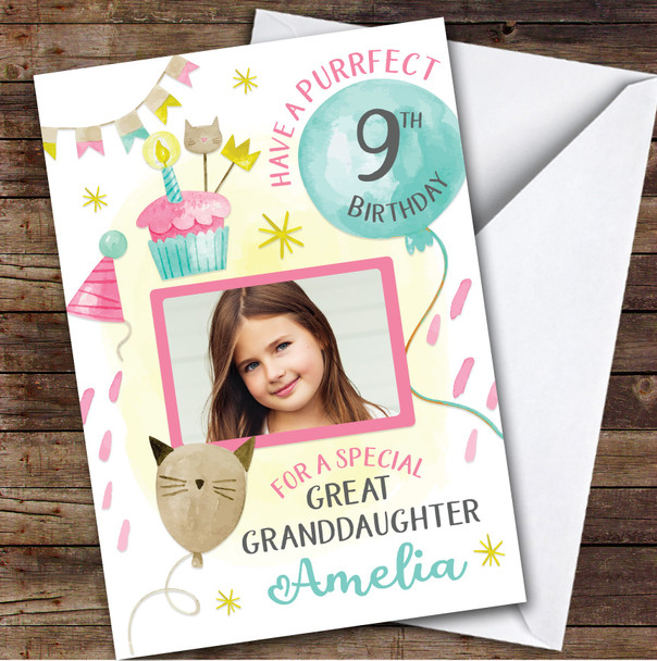 Cat Balloons Cake Photo Great Granddaughter 9th Personalised Birthday Card