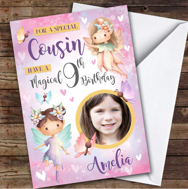 Fairy Girls Pink Purple Photo Cousin 9th Custom Personalised Birthday Card