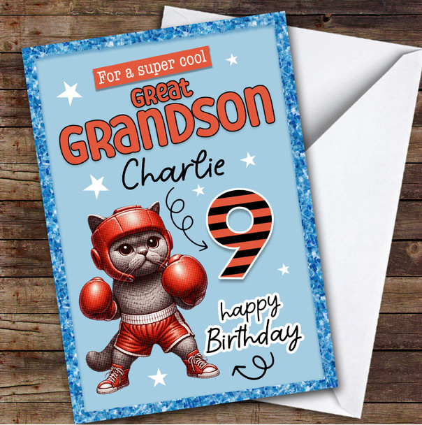 9th Great Grandson Blue Boxing Cat Boys Custom Personalised Birthday Card