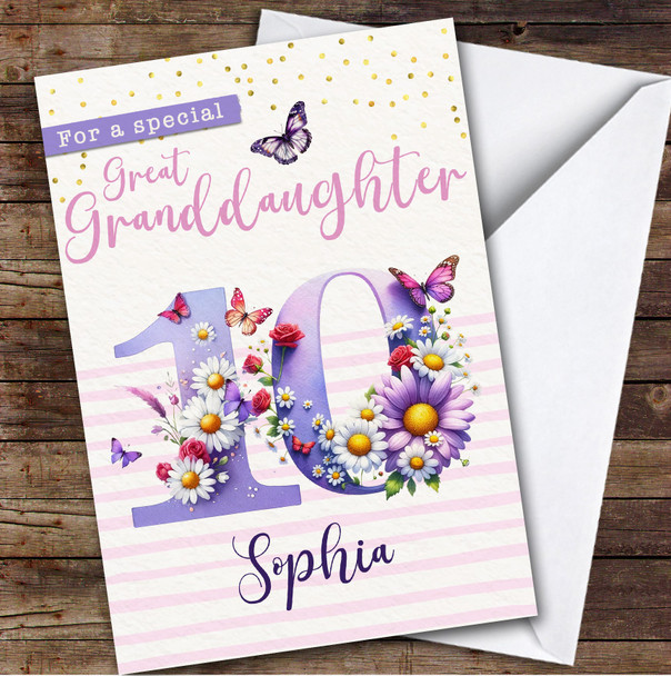 10th Great Granddaughter Purple Floral Butterflies Personalised Birthday Card