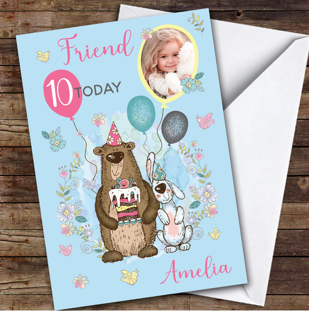 Bear Animal Cake Blue Photo Friend 10th Custom Personalised Birthday Card