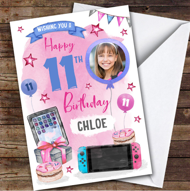 Tech Tablet Online Gamer Donut Photo 11th Custom Personalised Birthday Card