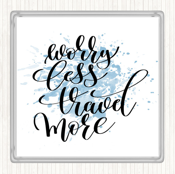 Blue White Worry Less Travel More Inspirational Quote Coaster