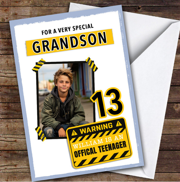 13th Grandson Warning Sign Photo Teenager Boys Custom Personalised Birthday Card