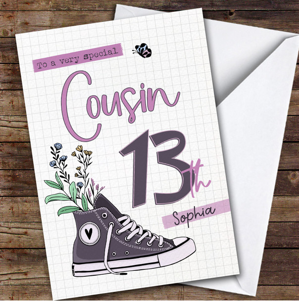 13th Cousin Floral Trainers Sneakers Sport Teenager Personalised Birthday Card