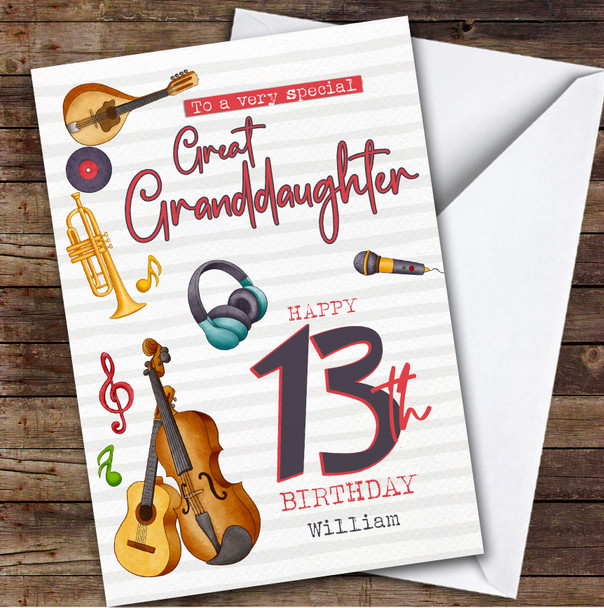 Great Granddaughter 13th Music Instruments Teenager Personalised Birthday Card