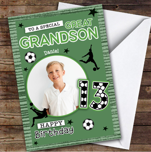 13th Great Grandson Football Photo Teenager Boys Personalised Birthday Card