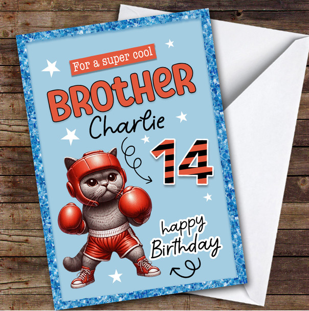 14th Brother Blue Boxing Cat Teenager Boys Custom Personalised Birthday Card