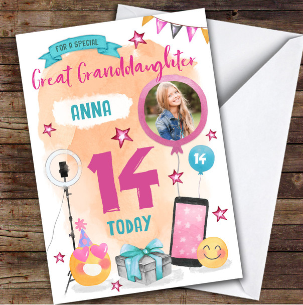 Phone Tech Photo Great Granddaughter 14th Teen Personalised Birthday Card