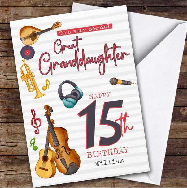 Great Granddaughter 15th Music Instruments Teenager Personalised Birthday Card