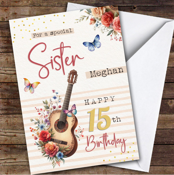 Sister 15th Floral Guitar Teenager Custom Personalised Birthday Card
