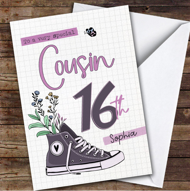 16th Cousin Floral Trainers Sneakers Sport Teenager Personalised Birthday Card