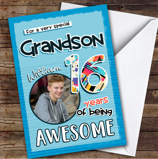 Blue Abstract 16th Grandson Teenager Boys Custom Personalised Birthday Card