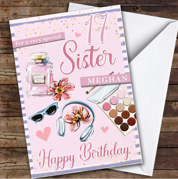 17th Sister Pink Makeup Teenager Custom Personalised Birthday Card