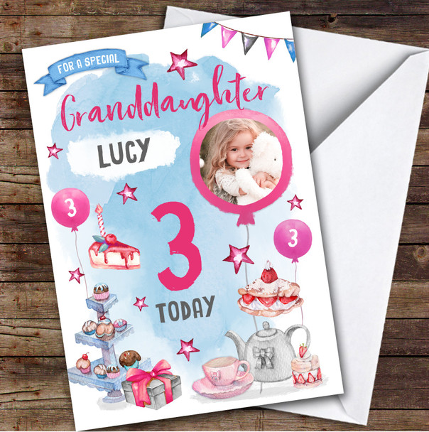 Girl's Tea Party Photo Granddaughter 3rd Birthday Personalised Birthday Card
