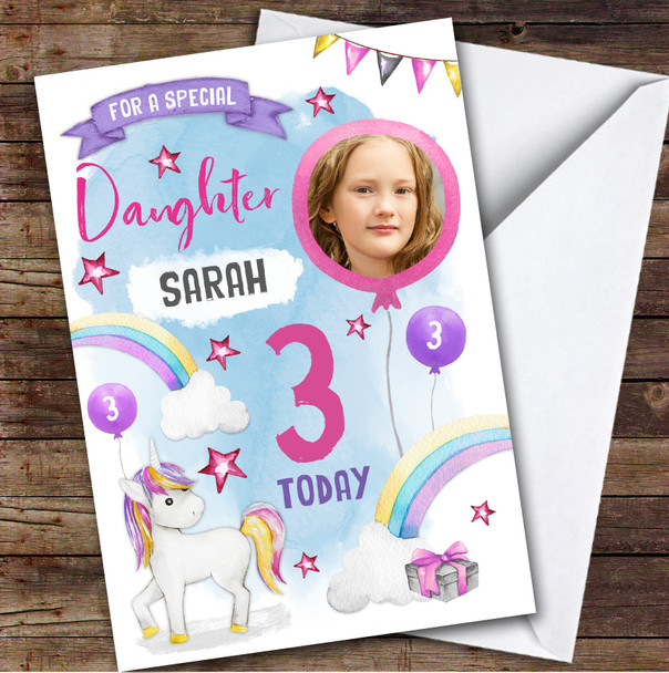 Girl's Unicorn Photo Daughter 3rd Birthday Personalised Birthday Card