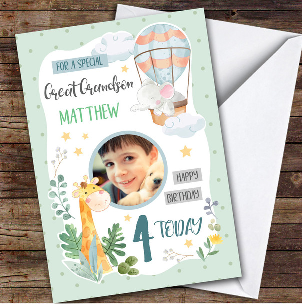 Boy's Hot Air Balloon Animal Photo Great Grandson 4th Birthday Personalised Card