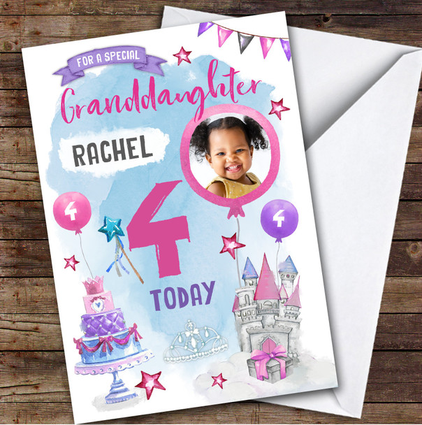 Girl's Princess Castle Crown Photo Granddaughter 4th Birthday Personalised Card