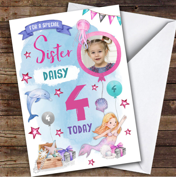 Girl's Mermaid Dolphin Photo Sister 4th Birthday Personalised Birthday Card
