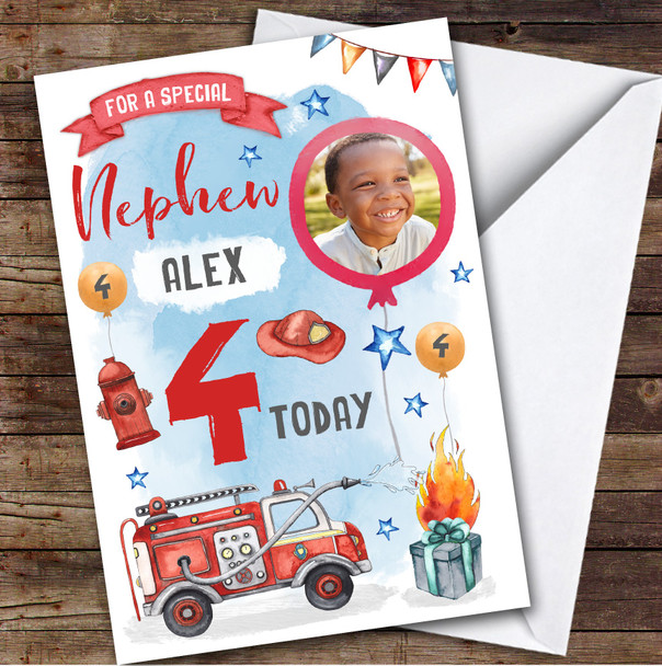 Boy's Fire Engine Truck Digger Photo Nephew 4th Birthday Personalised Card