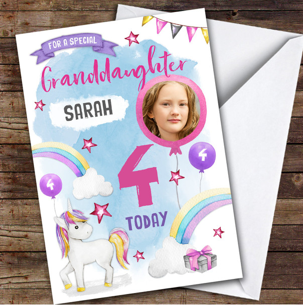 Girl's Unicorn Photo Granddaughter 4th Birthday Personalised Birthday Card Girl's Unicorn Photo Granddaughter 4th Birthday Personalised Birthday Card