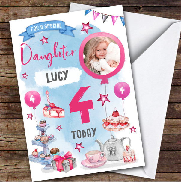 Girl's Tea Party Photo Daughter 4th Birthday Personalised Birthday Card