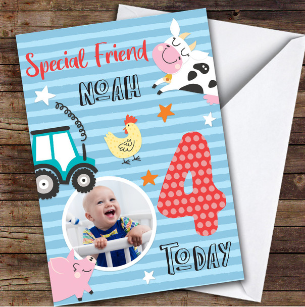 Boy's Farm Animals Photo Friend 4th Birthday Personalised Birthday Card Boy's Farm Animals Photo Friend 4th Birthday Personalised Birthday Card