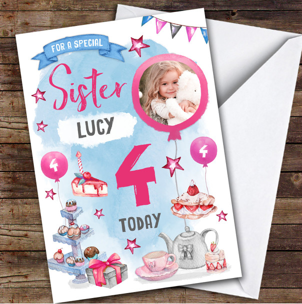 Girl's Tea Party Photo Sister 4th Birthday Personalised Birthday Card