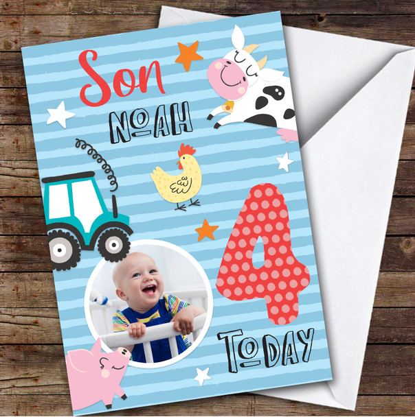 Boy's Farm Animals Photo Son 4th Birthday Personalised Birthday Card