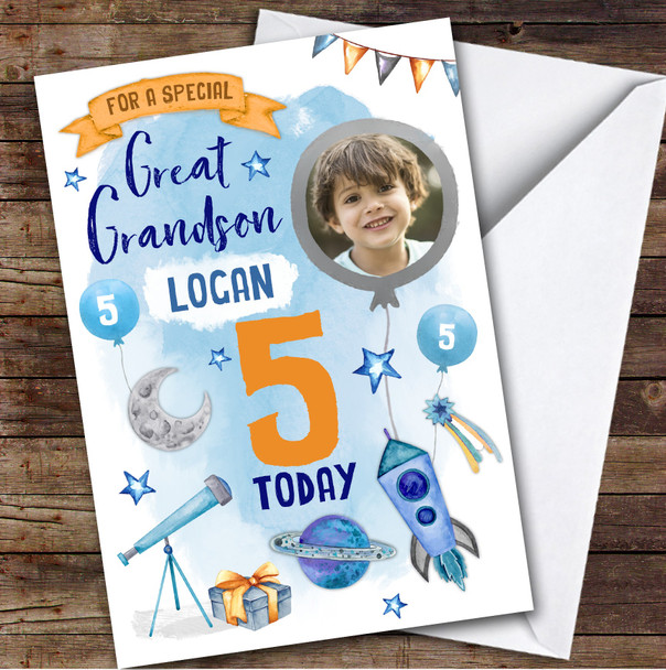 Boy's Space Rocket Astronaut Photo Great Grandson 5th Birthday Personalised Card