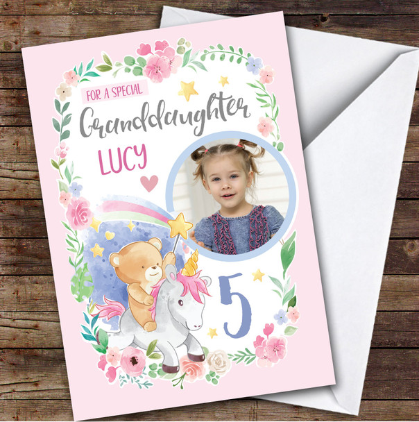 Girl's Unicorn Rainbow Pink Photo Granddaughter 5th Birthday Personalised Card