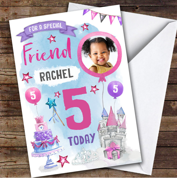 Girl's Princess Castle Crown Photo Friend 5th Birthday Personalised Card Girl's Princess Castle Crown Photo Friend 5th Birthday Personalised Card
