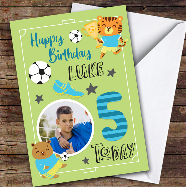 Boy's Football Animals Photo 5th Birthday Personalised Birthday Card