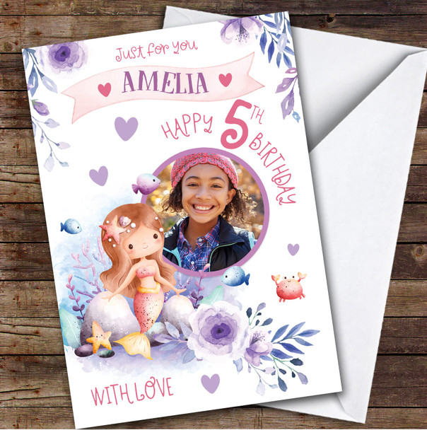 Girl's Mermaid Purple Photo 5th Birthday Personalised Birthday Card