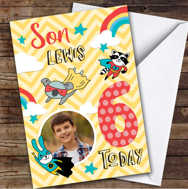 Boy's Superhero Rainbow Comic Photo Son 6th Birthday Personalised Birthday Card