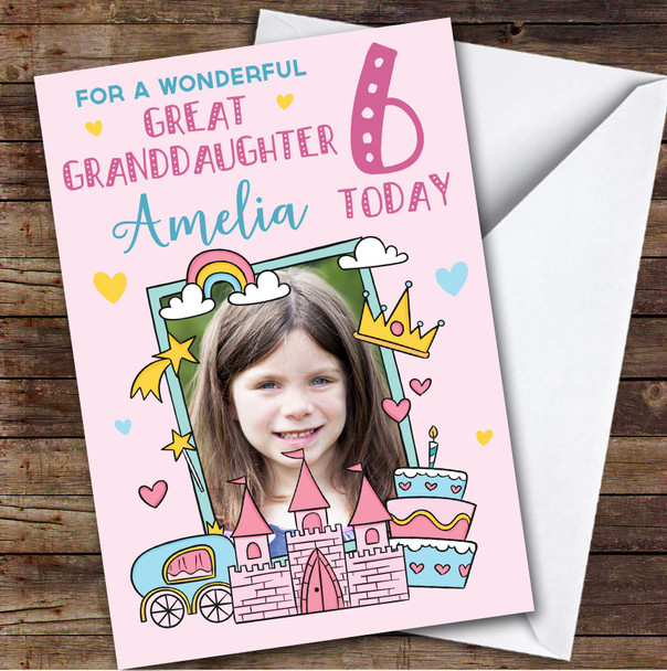 Girl's Princess Pink Photo Great Granddaughter 6th Birthday Personalised Card Girl's Princess Pink Photo Great Granddaughter 6th Birthday Personalised Card