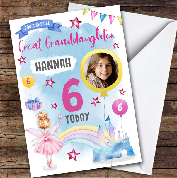 Girl's Fairy Castle Photo Great Granddaughter 6th Birthday Personalised Card