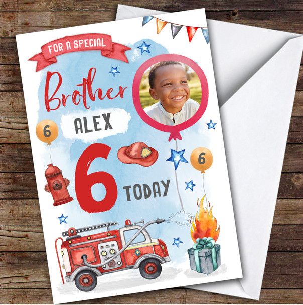 Boy's Fire Engine Truck Digger Photo Brother 6th Birthday Personalised Card