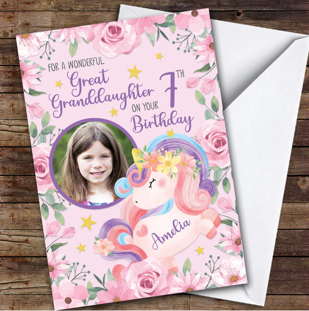 Girl's Unicorn Pink Photo Great Granddaughter 7th Birthday Personalised Card