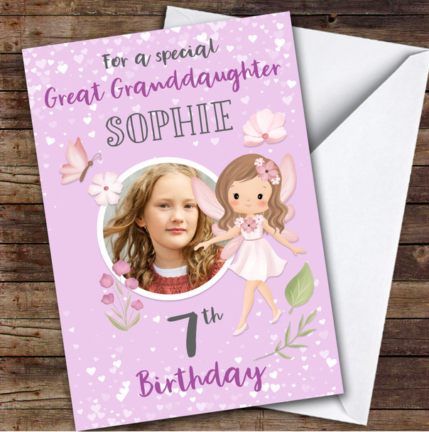 Girl's Fairy Girl Photo Great Granddaughter 7th Birthday Personalised Card