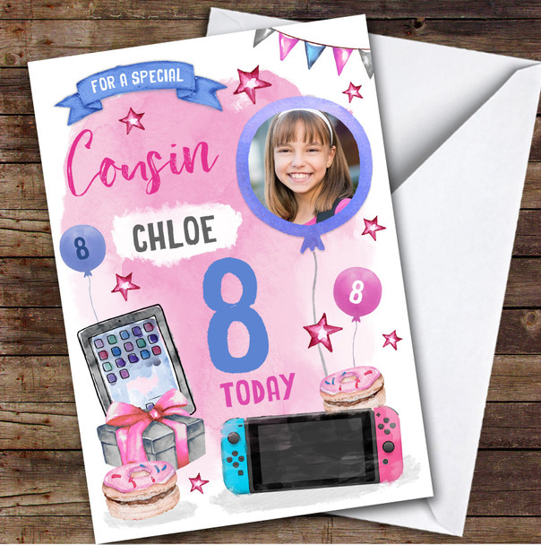 Girl's Tech Gamer Gaming Donut Photo Cousin 8th Birthday Personalised Card