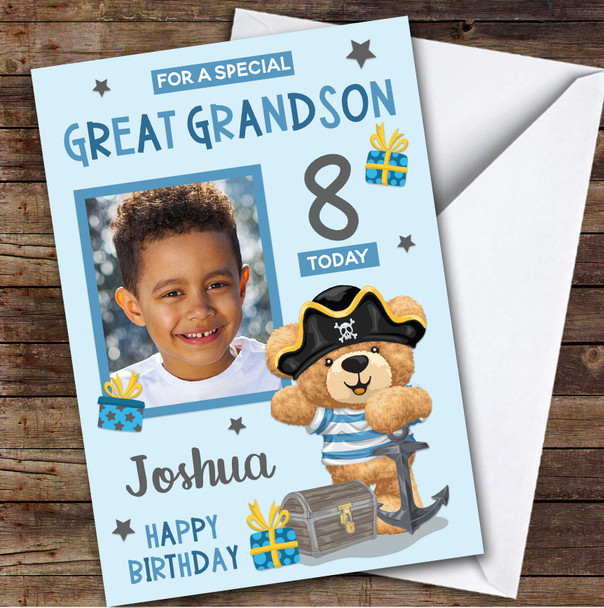 Boy's Pirate Bear Blue Photo Great Grandson 8th Birthday Personalised Card