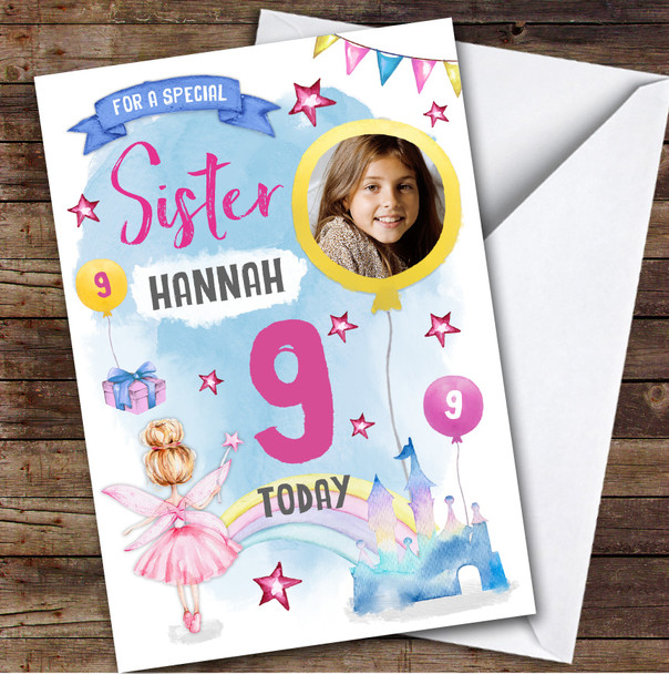 Girl's Fairy Magical Rainbow Castle Photo Sister 9th Birthday Personalised Card