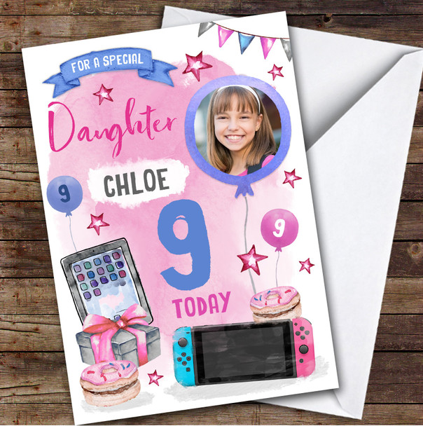 Girl's Tech Gamer Gaming Donut Photo Daughter 9th Birthday Personalised Card