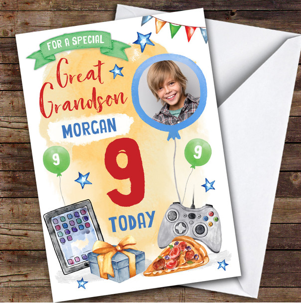 Boy's Gaming Tech Pizza Photo Great Grandson 9th Birthday Personalised Card