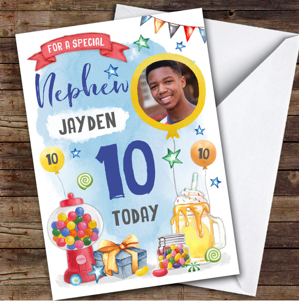 Sweets Party Food Milkshake Photo Nephew 10th Birthday Personalised Card