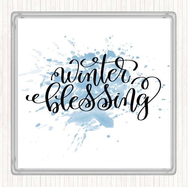 Blue White Christmas Winter Blessing Inspirational Quote Coaster